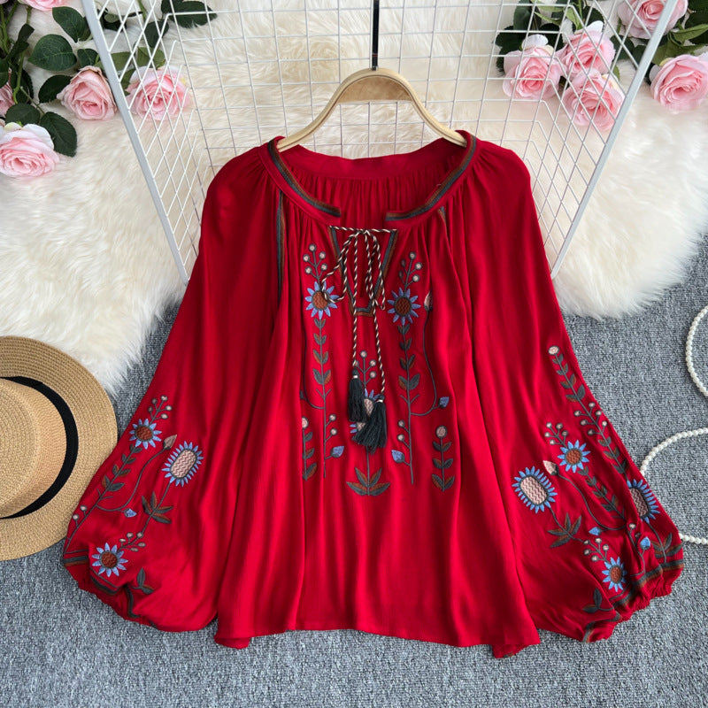 Estate primavera autunno donne Sexy ricamato manica svasata camicetta camicetta donna manica lunga retrò allentato Boho camicetta top femminile
