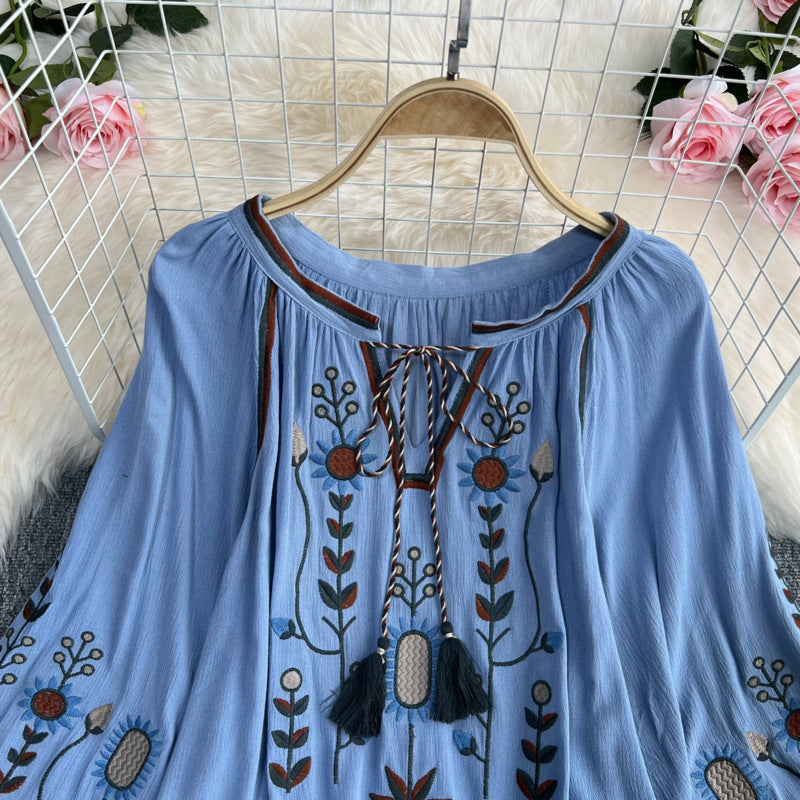 Estate primavera autunno donne Sexy ricamato manica svasata camicetta camicetta donna manica lunga retrò allentato Boho camicetta top femminile