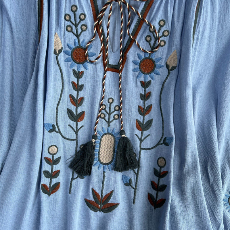 Estate primavera autunno donne Sexy ricamato manica svasata camicetta camicetta donna manica lunga retrò allentato Boho camicetta top femminile