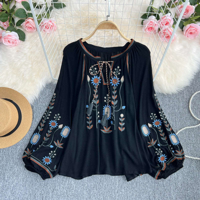 Estate primavera autunno donne Sexy ricamato manica svasata camicetta camicetta donna manica lunga retrò allentato Boho camicetta top femminile