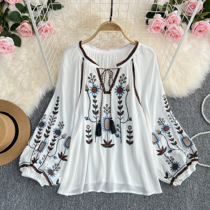 Estate primavera autunno donne Sexy ricamato manica svasata camicetta camicetta donna manica lunga retrò allentato Boho camicetta top femminile