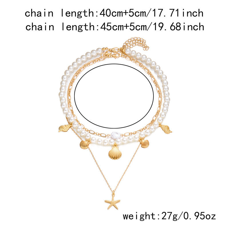 Collana con ciondolo stella marina con perline di riso bohémien per donna, fatta a mano, perla d'imitazione, girocollo con perline colorate, gioielli da spiaggia estiva