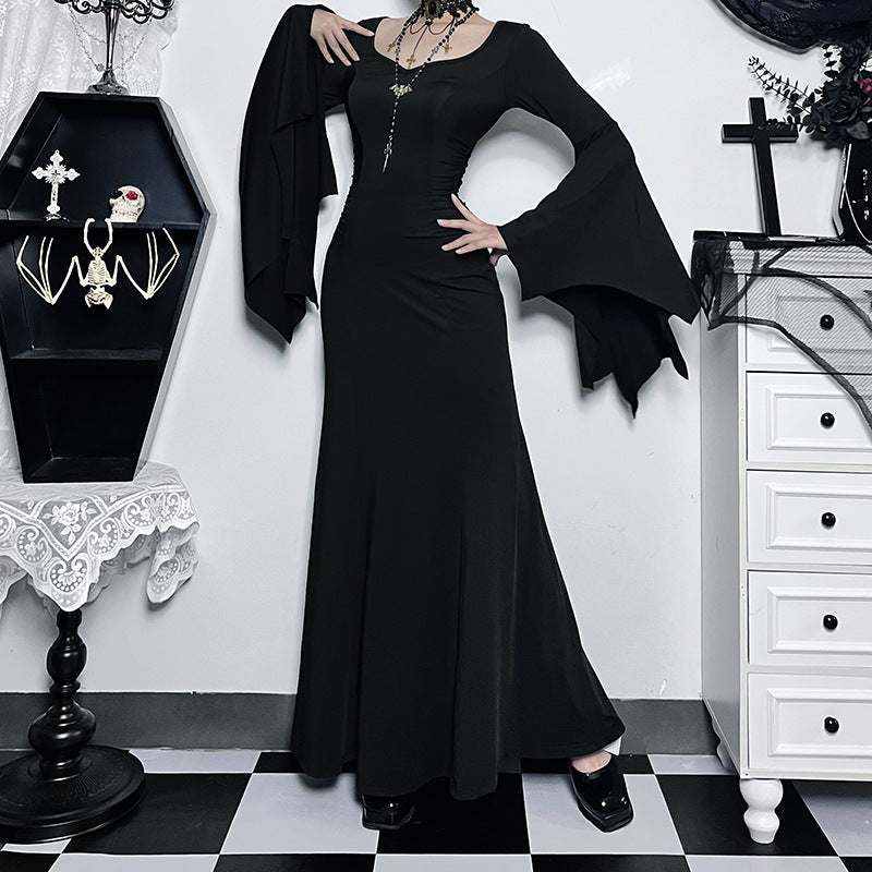 Y2K Goth floreale pizzo maglia manica svasata aderente abiti da festa sexy vintage elegante velluto nero con scollo a V abito lungo partywear