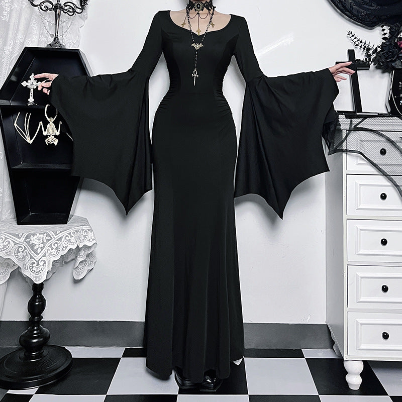 Y2K Goth floreale pizzo maglia manica svasata aderente abiti da festa sexy vintage elegante velluto nero con scollo a V abito lungo partywear