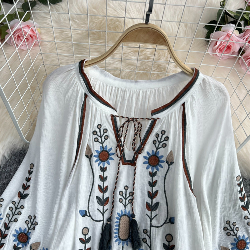 Estate primavera autunno donne Sexy ricamato manica svasata camicetta camicetta donna manica lunga retrò allentato Boho camicetta top femminile