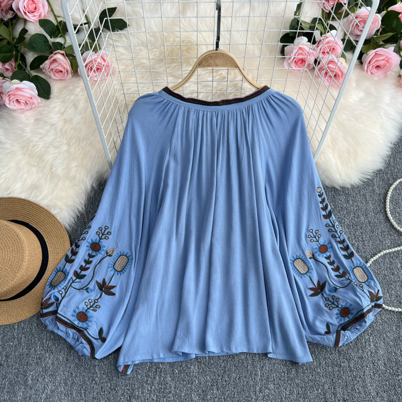 Estate primavera autunno donne Sexy ricamato manica svasata camicetta camicetta donna manica lunga retrò allentato Boho camicetta top femminile