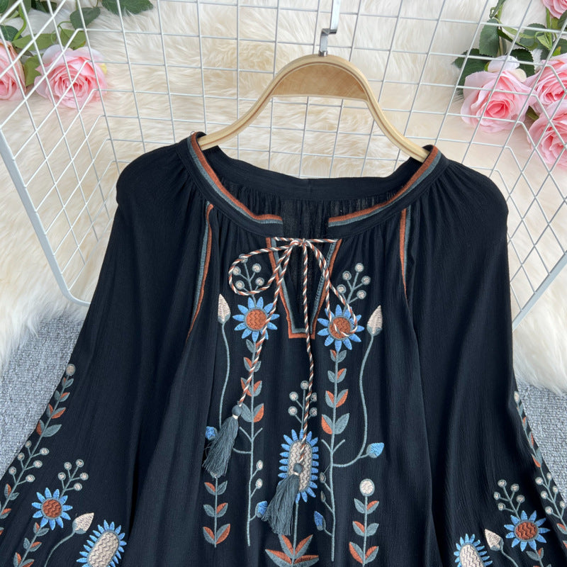 Estate primavera autunno donne Sexy ricamato manica svasata camicetta camicetta donna manica lunga retrò allentato Boho camicetta top femminile