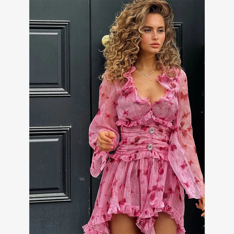 Abito Elegante Floreale da Donna a Trapezio con Pieghe, Mini Abito Sexy a Maniche Lunghe con Volant e Vita Stretta, Abiti da Sera per Vacanze e Street Style 2026