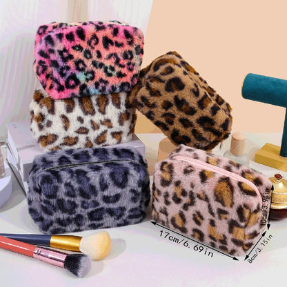 Borse per il trucco in pelliccia di leopardo per le donne Borsa per cosmetici da viaggio morbida Custodia per organizer Custodia per borse da donna per ragazze