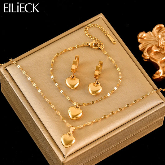 EILIECK Acciaio inossidabile 316L Cuore Amore Collana Bracciali Orecchini Set per le donne Nuovi gioielli impermeabili placcati oro 18 carati alla moda