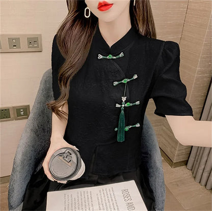 Camicie in stile cinese Maniche corte Donna Nuovo cappotto Estate 2025 Senso Design Nicchia Manica a palloncino Cardigan Top irregolari Donna