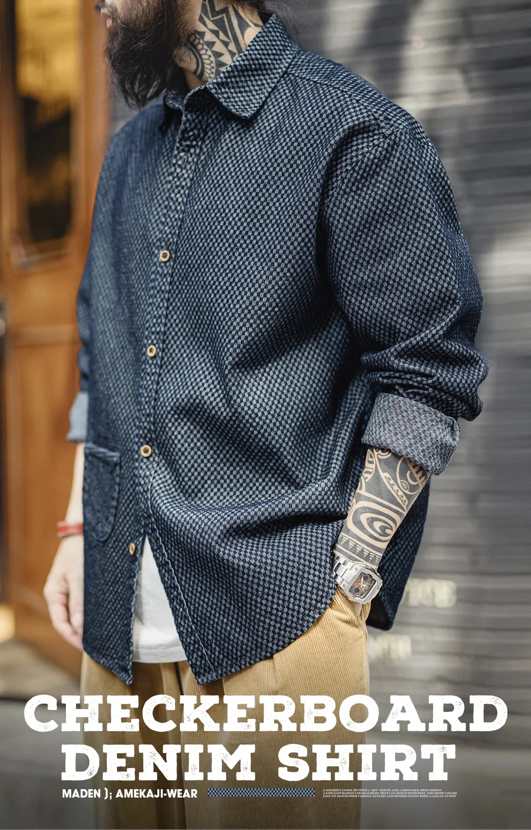 Maden Camicia di jeans a maniche lunghe ampia retrò Giacca monopetto con risvolto a quadretti per uomo Capispalla versatile primaverile e autunnale