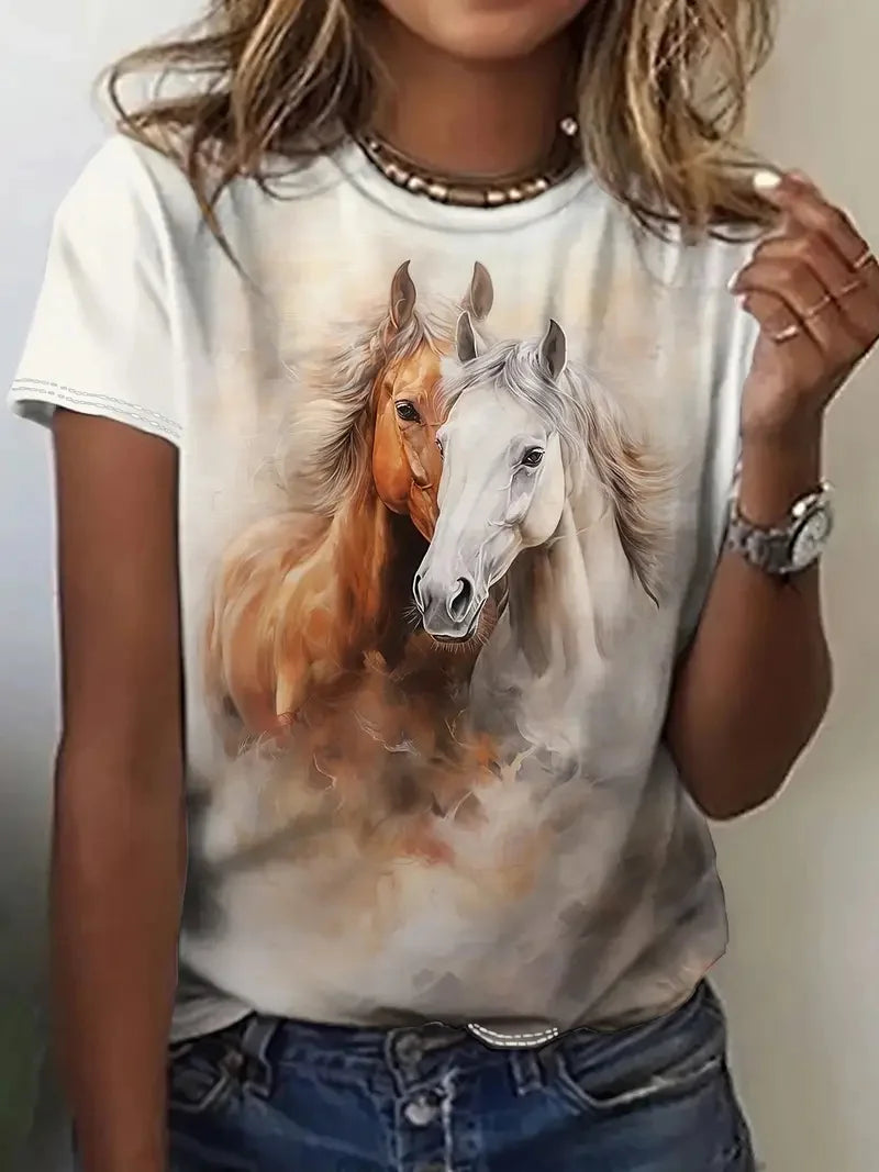 T-shirt girocollo casual da donna con stampa cavallo unica T-shirt estiva a maniche corte con grafica cavallo per uomo Novità in magliette