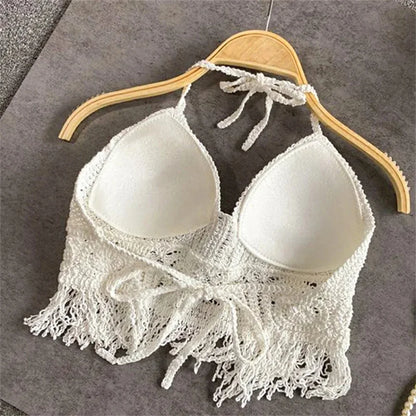 Damen Sommer Strand Boho Crop Tops Sexy Y2K Gestrickte Rückenfreie Tank Tops Häkeln Quasten Saum Neckholder BHs Bustier Top