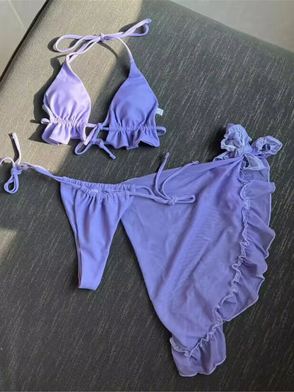 Nuovo con Sarong Halter Bikini arruffato costumi da bagno donna costume da bagno donna tre pezzi Bikini set bagnante costume da bagno Swim Lady K4144