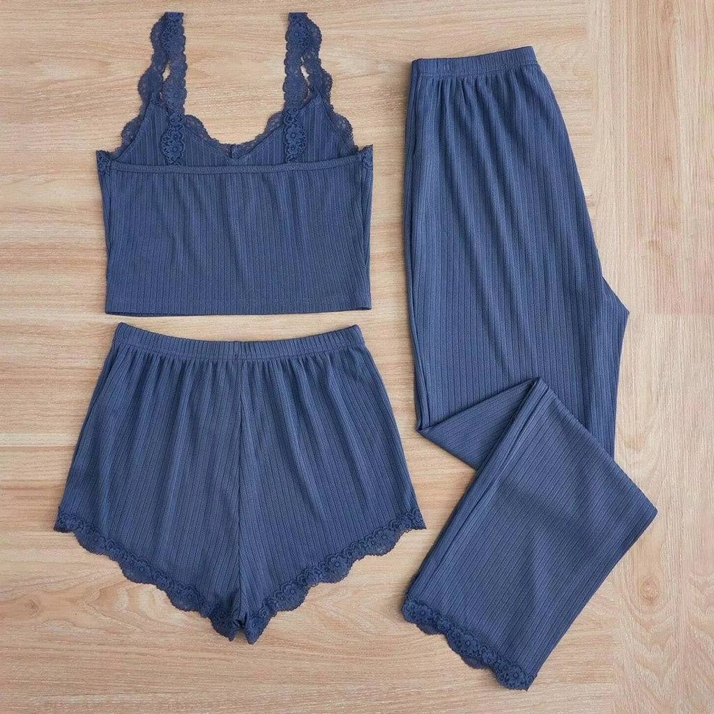Nuovo 2025 Set pigiama estivo da donna 3 pezzi Pantaloncini e pantaloni con gilet solido abbinati con giunture in pizzo per set di indumenti da notte sexy per la casa