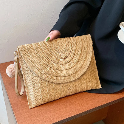 Pochette di paglia da spiaggia estiva borsa a tracolla con ciondolo a sfera carina per le donne borse a tracolla da viaggio borsa da donna borse Casual borsa di vimini
