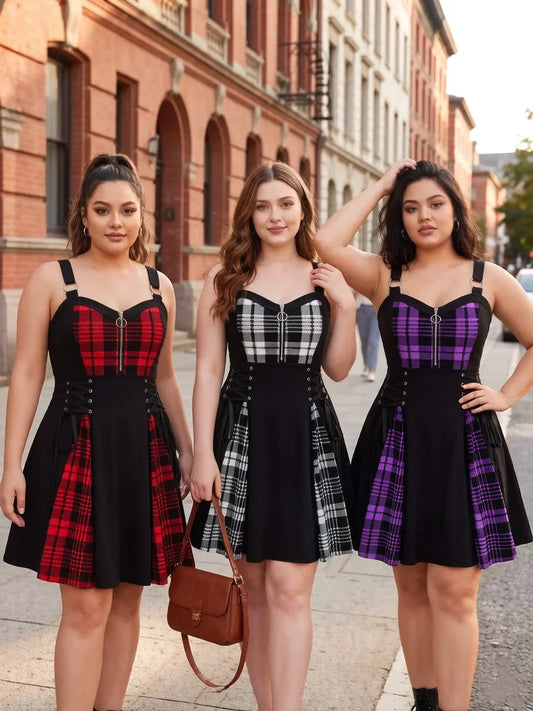 Abito casual da donna taglie forti, modello svasato con lacci, stampa a quadri colorblock, mezza cerniera e patchwork