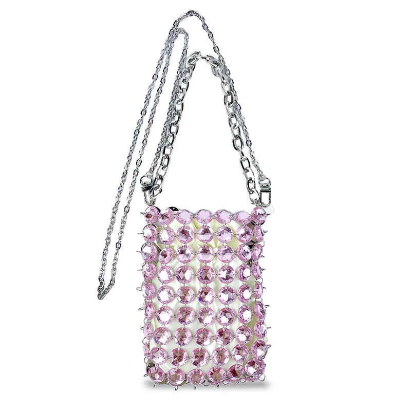 24 estate nuova borsa di cristallo tessuta a mano color caramella di nicchia, borsa di perline di fata retrò, borsa per telefono a croce diagonale trasparente