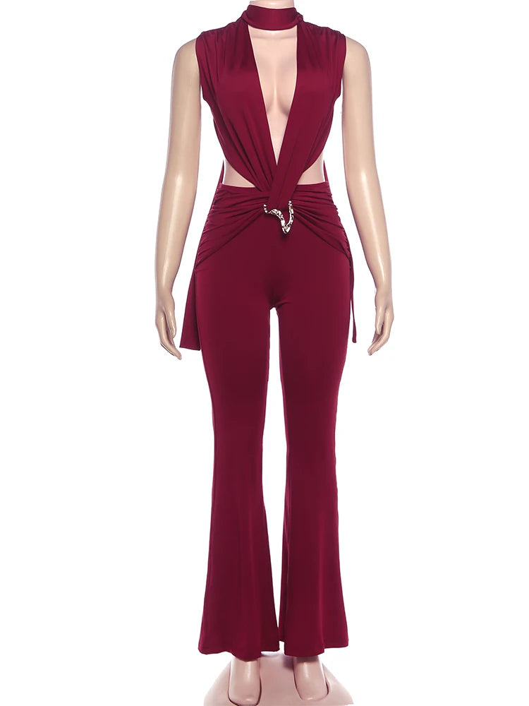 Nibber Metal Trim Tuta da donna increspata sexy senza vita croce fasciatura cava coquette allenamento di mezzanotte tuta elasticizzata a vita bassa