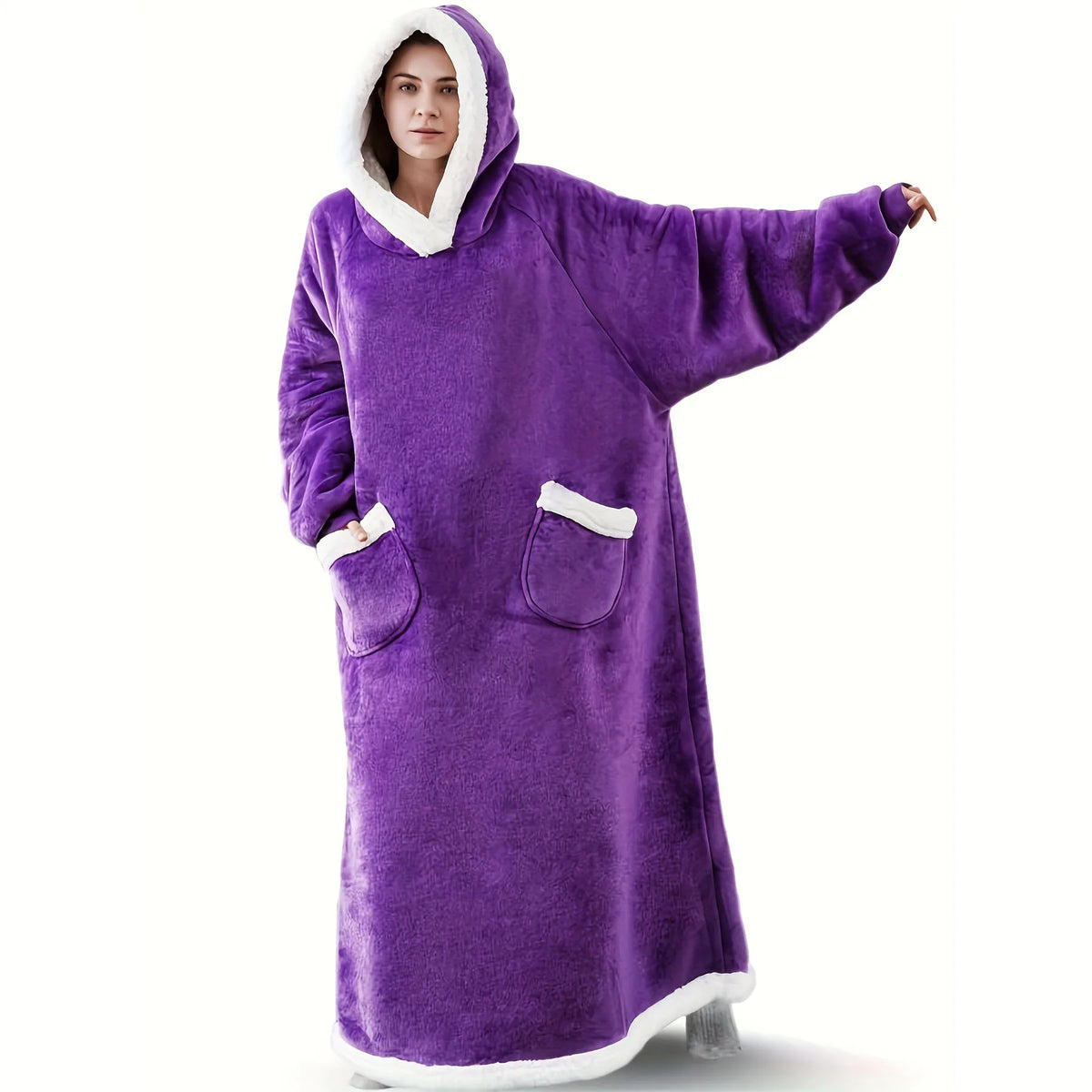 Accappatoio invernale da donna in flanella, extra lungo, con cappuccio e tasche verticali, coperta morbida e foderata in pile, ideale per rilassarsi davanti alla TV.