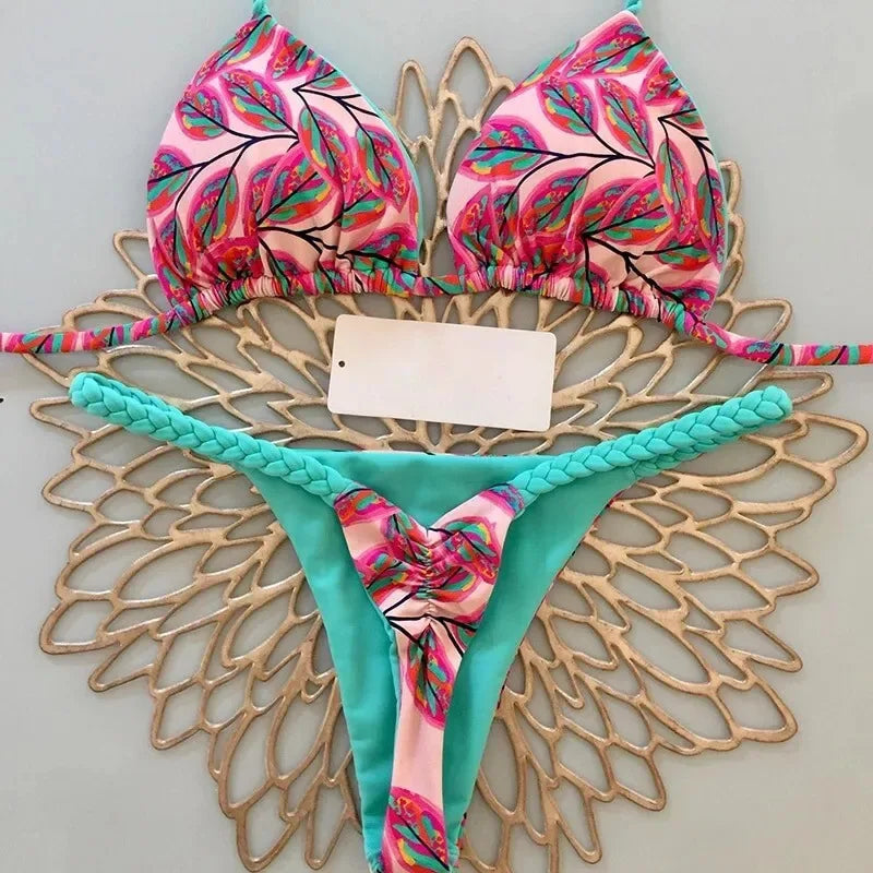 Nouveau bikini femme à imprimé fendu Maillot de bain mode G-string Vacances à la plage
