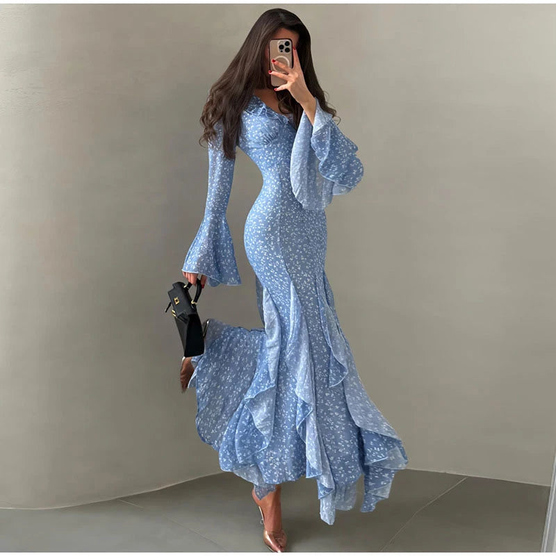 Abito Lungo da Donna con Stampa, Scollo a V, Maniche a Campana, Bordo a Foglia di Loto, Vita Alta, Vestito Maxi Aderente, Elegante Abito da Sera per Feste