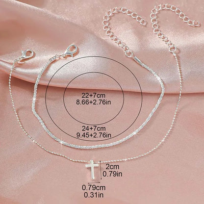 Cavigliera a catena sottile scintillante per donna Bracciale a doppio strato con ciondolo a forma di croce a cuore con zirconi sul piede della gamba Gioielli da spiaggia estivi alla moda