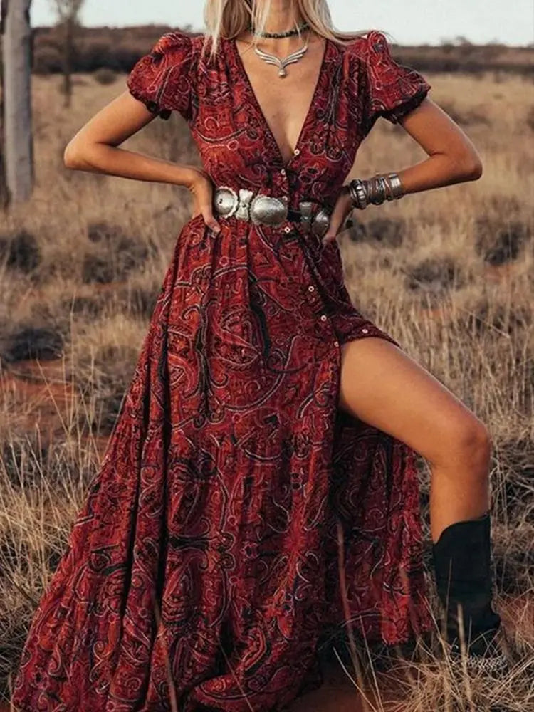TEELYNN boho abito lungo Vintage 2023 stampa floreale Chiffon manica a tre quarti scollo a v estate Gypsy Hippie abiti da donna vestidos