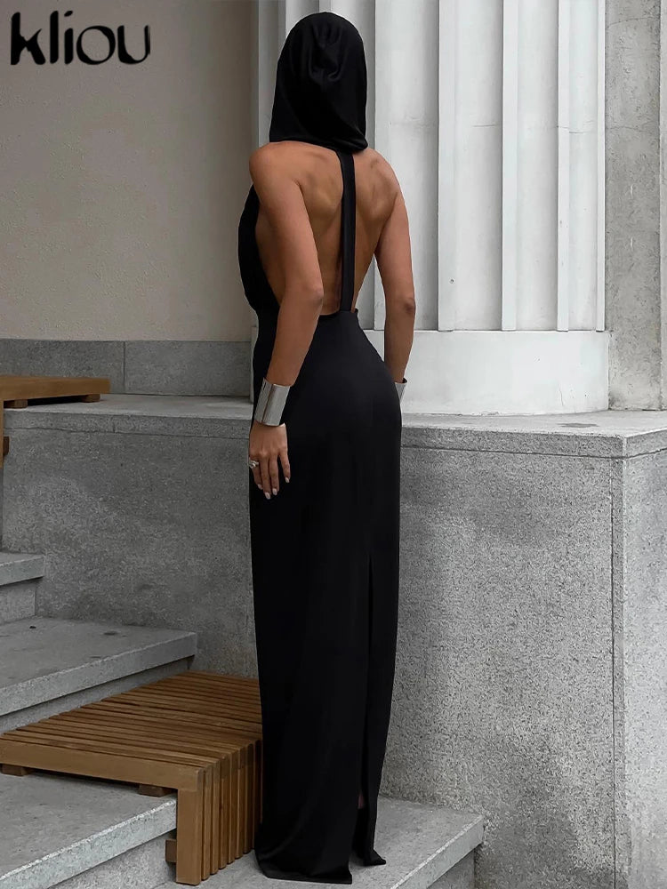 Kliou Abiti lunghi eleganti con cappuccio Donna Pantaloni a vita bassa senza maniche Sexy scollo a V profondo Backless Side Split Robe Vestido femminile High Street