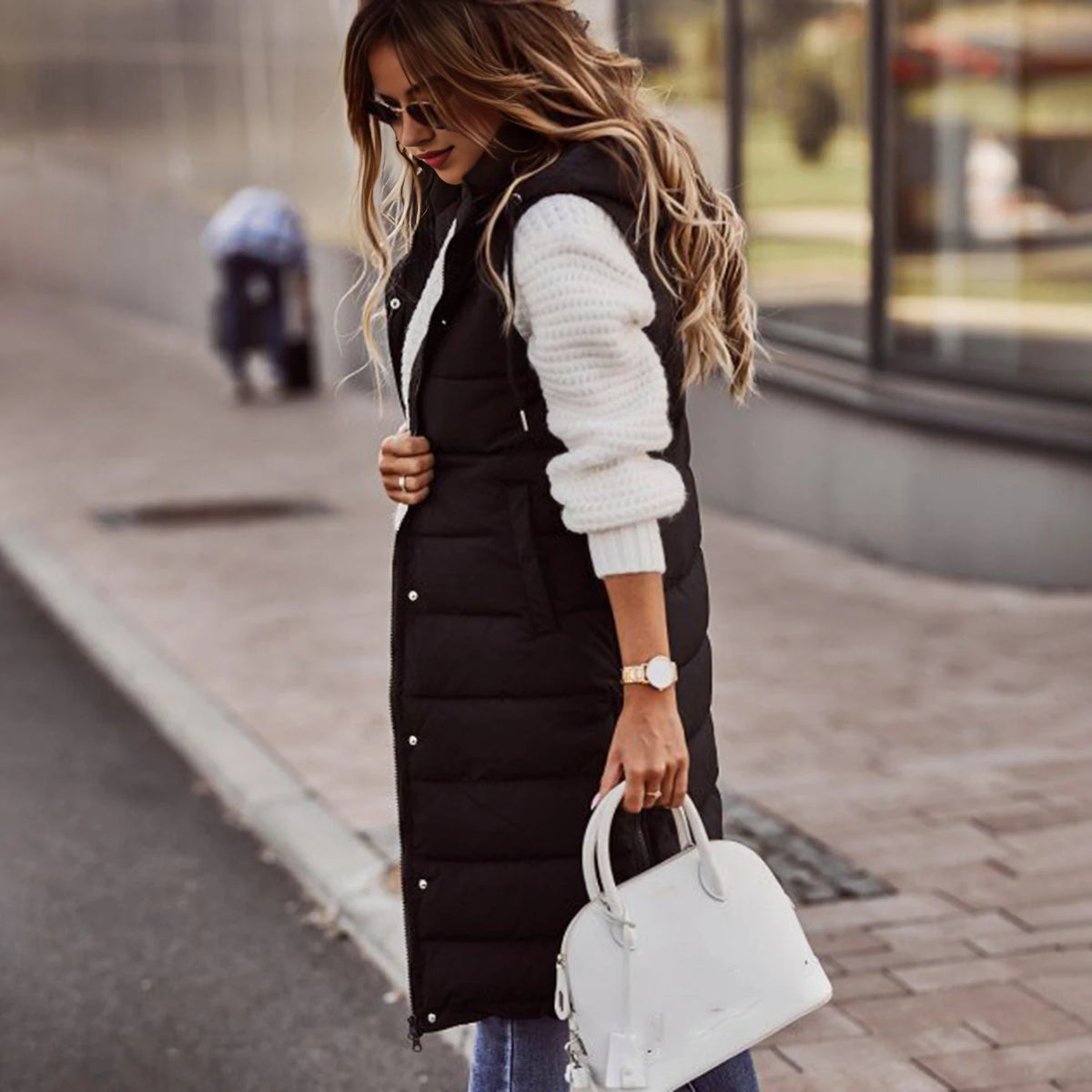 Gilet lungo da donna con cappuccio autunno inverno senza maniche in cotone caldo piumino gilet trapuntato piumino Outwear 2XL