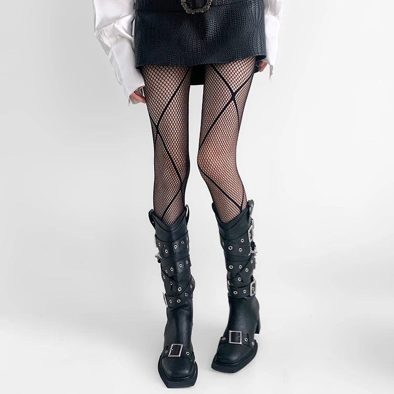 Donna Ragazze Moda Punk Gotico Calze a rete Serpente Teschio a righe Maglia Collant Mutandine Lolita Plus Size Collant Leggings