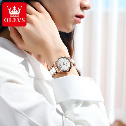 OLEVS 6631 Orologi automatici da donna Eleganti orologi da polso meccanici da donna impermeabili con cinturino in ceramica color oro rosa e lunetta con diamanti