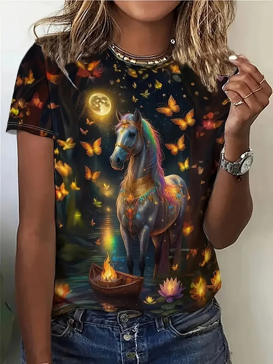 T-shirt girocollo casual da donna con stampa cavallo unica T-shirt estiva a maniche corte con grafica cavallo per uomo Novità in magliette