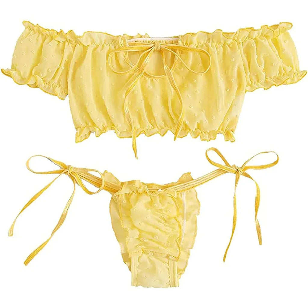 Damen Mädchen Süß Sexy Dessous Bikini Set Kurzarm schulterfrei Schnürung Zweiteiler Anzüge Badeanzüge Strandbekleidung Bademode