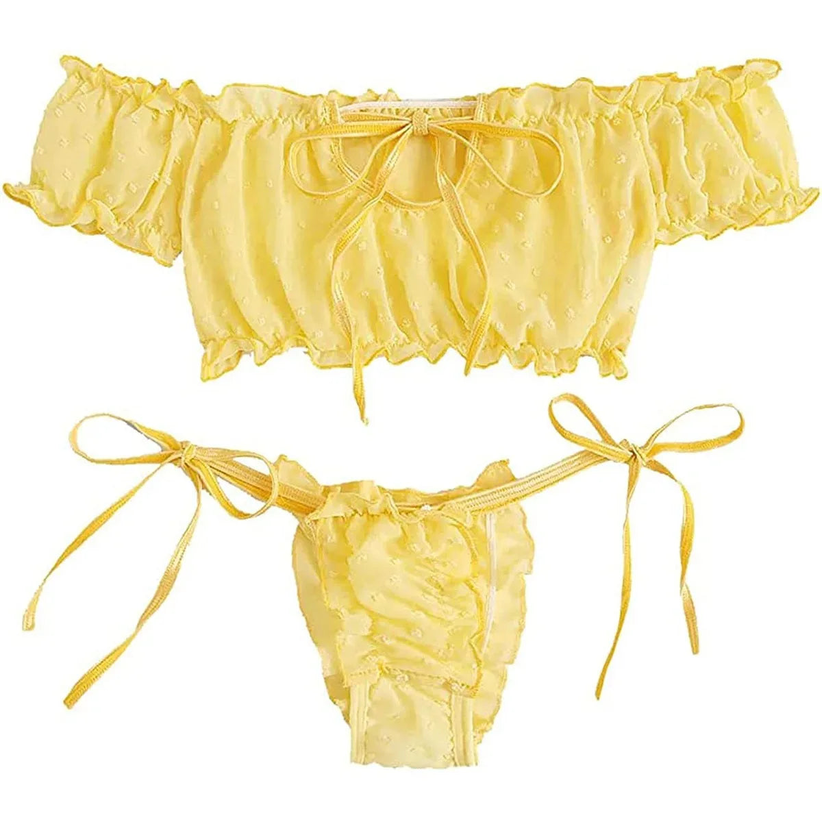 Damen Mädchen Süß Sexy Dessous Bikini Set Kurzarm schulterfrei Schnürung Zweiteiler Anzüge Badeanzüge Strandbekleidung Bademode