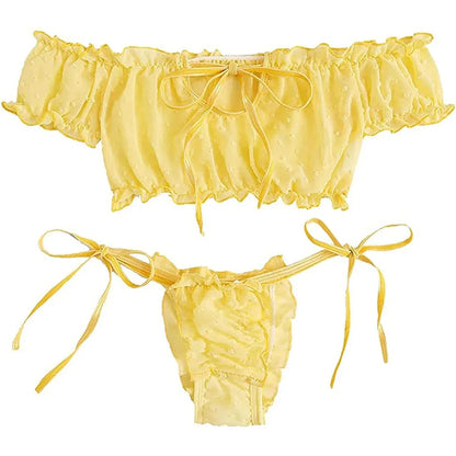 Damen Mädchen Süß Sexy Dessous Bikini Set Kurzarm schulterfrei Schnürung Zweiteiler Anzüge Badeanzüge Strandbekleidung Bademode