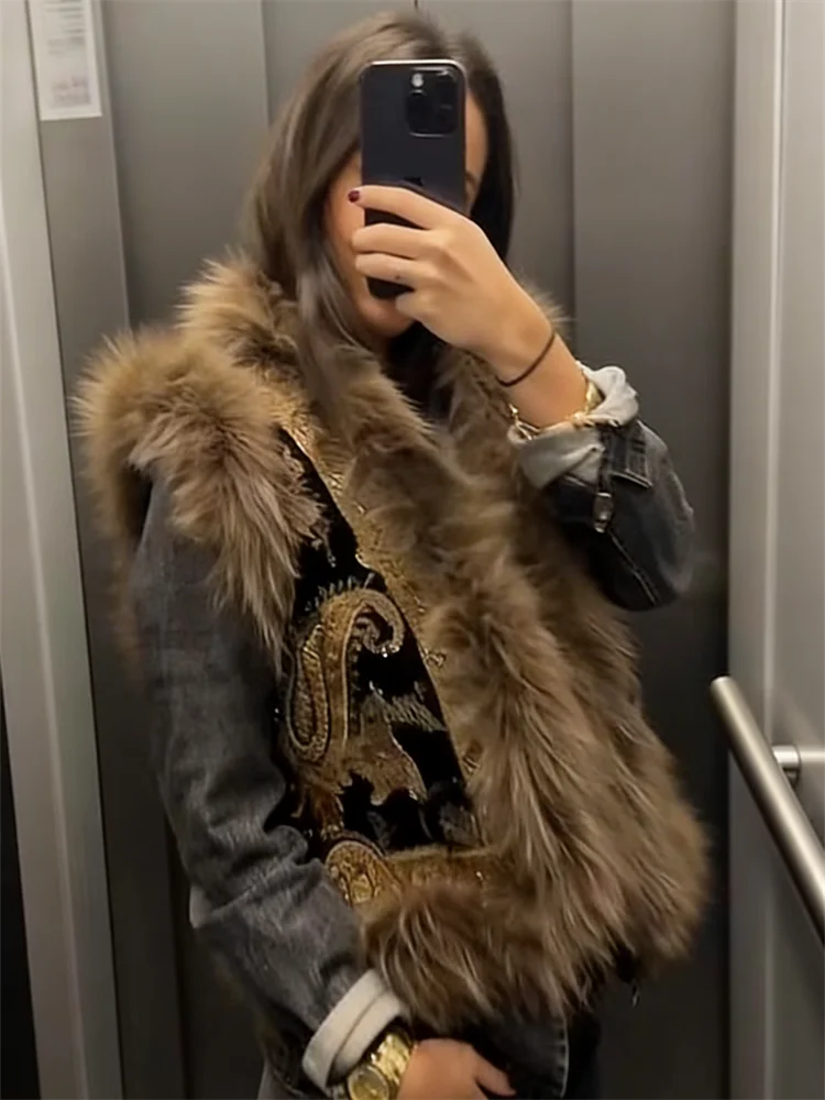 Gilet senza maniche modello Paisley vintage da donna con finiture in pelliccia di procione Gilet moda Capispalla 2025 Autunno Inverno Streetwear