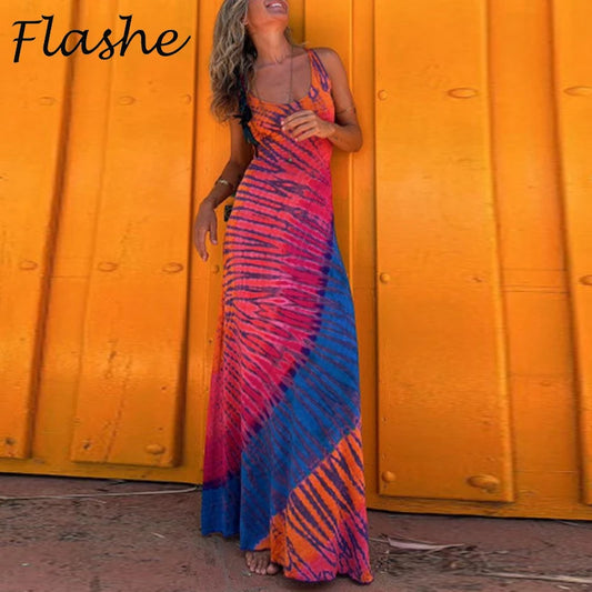 Robe longue d'été sexy, robes de plage d'été pour femmes, élégante robe de soirée imprimée tie-dye sans dos 2024