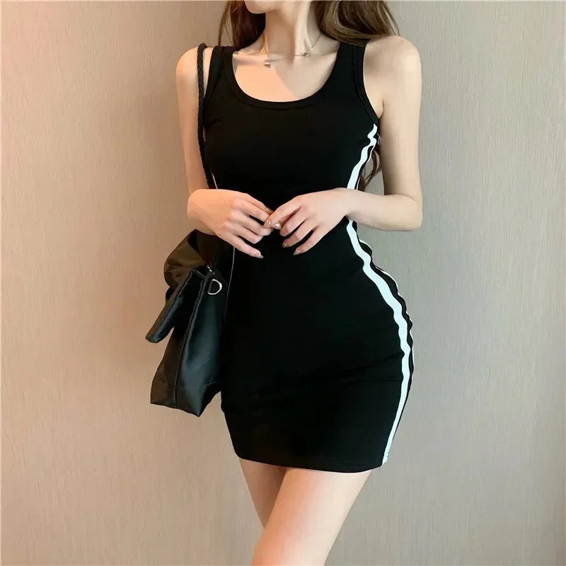 Abito tubino casual da donna estivo Abito da donna con cinturino per spaghetti senza maniche Abiti a righe a contrasto slim elasticizzati sexy