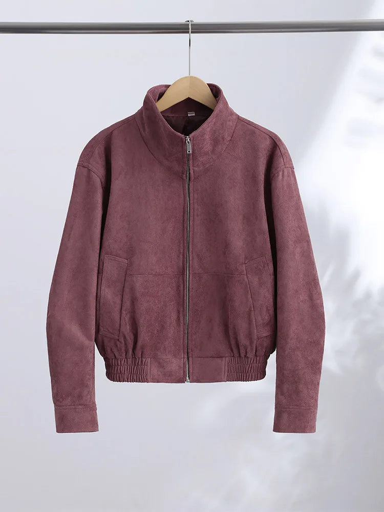 Giacca Bomber da Donna in Finta Pelle Scamosciata, Collo Alto, Chiusura a Zip, Spalle Cadenti, Orlo Elastico, Abbigliamento Casual Autunnale, Cappotto alla Moda 2026