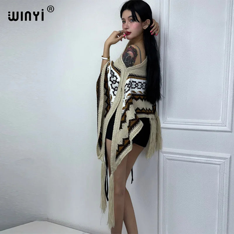 WINYI mantello invernale di alta qualità confortevole spesso caldo poncho donna natale moda stampa nappa mantello capas para mujer dress