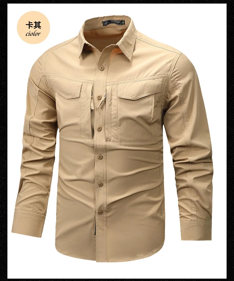 Camicia a maniche lunghe da uomo primavera autunno Camicie da lavoro tattiche da uomo Top Camicie cargo da pesca per escursionismo multitasche da esterno ad asciugatura rapida