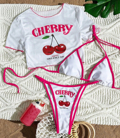 Sexy Thong Bikini 2026 Women Cherry Print Bikinis Short Sleeve Three-pieces Split Bathing Suit Summer Lace Up Swimsuit Beachwear