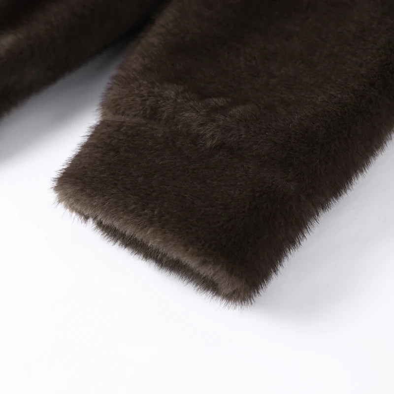 Cappotto da donna in pelliccia sintetica marrone con cappuccio Giacca da tasca a maniche lunghe di lusso oversize Lady 2025 Autunno Inverno Chic Street Capispalla