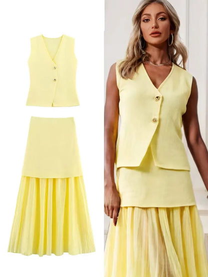 HH Set di gonne lavorate a maglia eleganti femminili 2024 Scollo a V con bottoni Canottiera + Gonna a pieghe patchwork a-line Abito solido alla moda