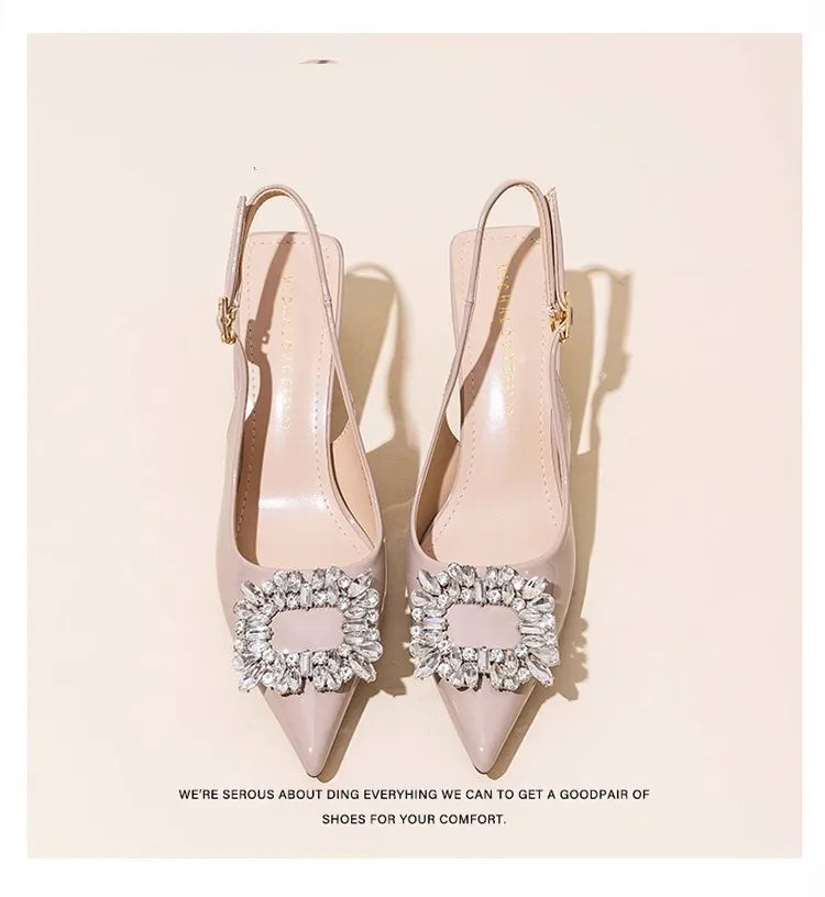 Damen Sandalen Sommer Damenschuhe Neu Spitze Zehenpartie Flache Schuhe Nude Rosa Diamanten Niedriger Absatz Slingback Schuhe Elegante Damenschuhe