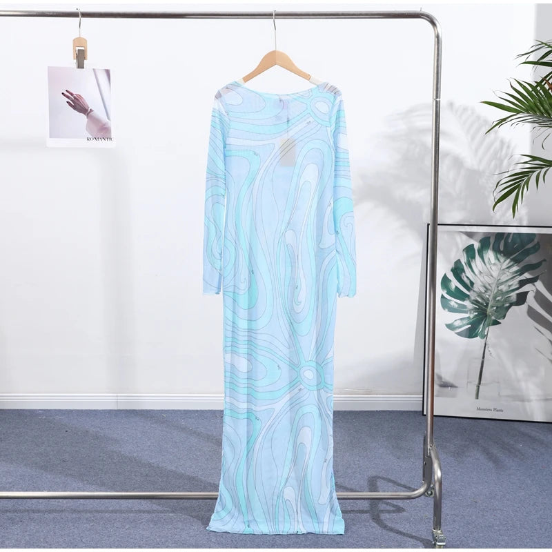 Abito lungo aderente aderente in rete trasparente da donna sexy Stampa chic senza maniche Slim Fit Abiti lunghi per le vacanze al mare Abito femminile quotidiano casual