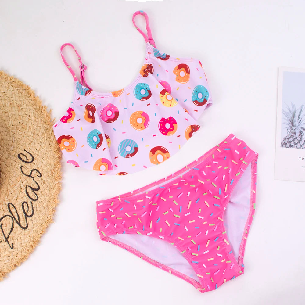 Donut-Print Falbala Mädchen Kinder Badeanzug Outdoor Süße 2-teilige Bademode Elastische Kontrast Mädchen Kinder Bikinis für den Sommerurlaub
