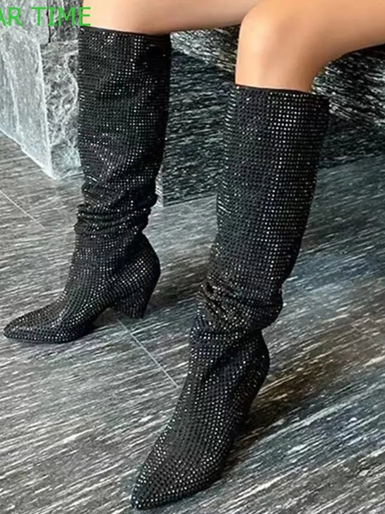 Pointed Toe Rhinestone Bling Long Boots 2024 New Casual Catwalk Thick Heel Boots Black/silver Fashion Women Knee-High Boots